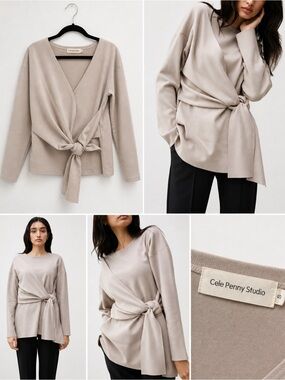 Cele Penny Studio Taupe Beige Tan Versatile Multi Ways Wrap Knot Top Office Work